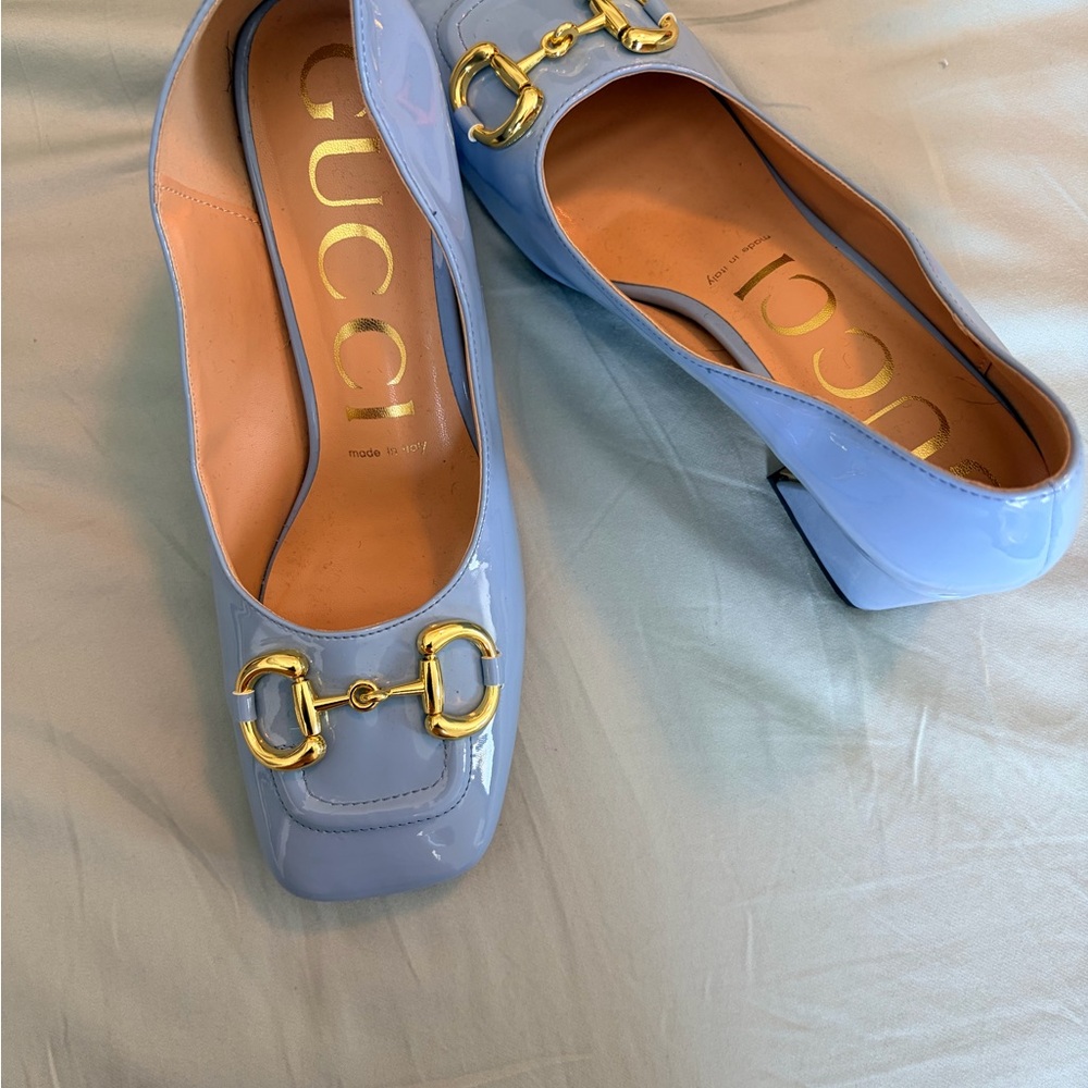 Gucci Light Blue Patent Leather Horsebit heels